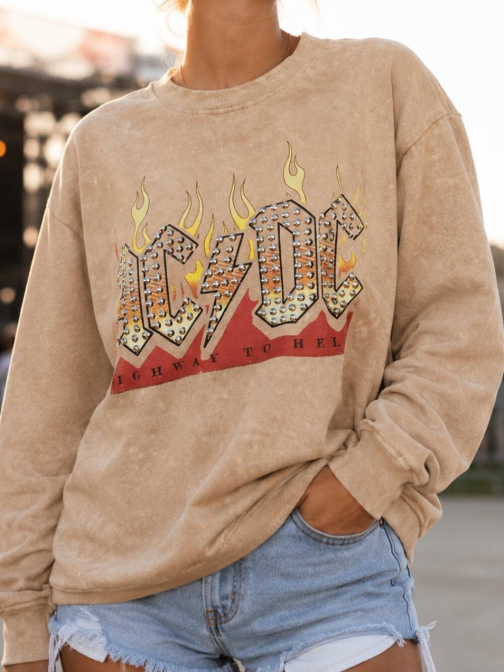 AC/DC Highway To Hell Embellished Long Sleeve Fleece Sweatshirt
